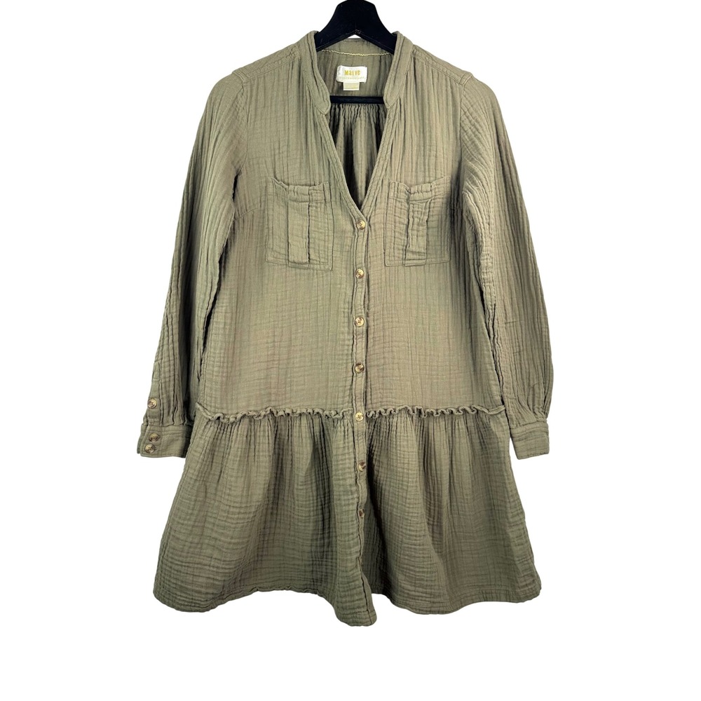 Maeve Anthropologie Dress sz 2 Green Gauze Button Front Tiered Ruffle boho